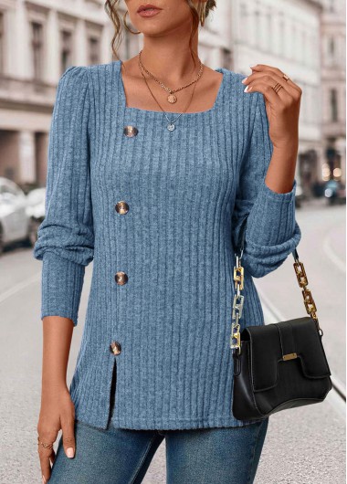 Modlily Blue Button Long Sleeve Square Neck T Shirt - XL