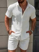 Men's Solid Color Textured Button Front Shirt & Drawstring Waist Shorts Two-piece Set, Regular Fit Casual Shortsleeve Collare...