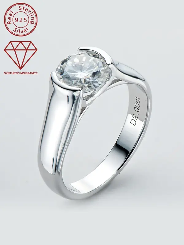 925 Sterling Silver Synthetic Moissanite Ring, Fashion Engagement Ring for Women, Trendy All-match & Exquisite Jewelry for Bi...