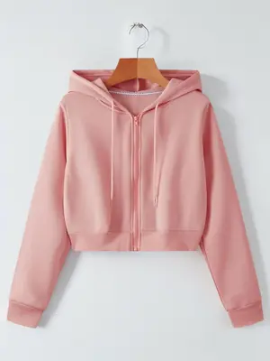 Women's Solid Full Zip Up Drawstring Crop Hoodie, Fall Outfits, Fallfreshness Basic Minimalist Longsleeves Womenswear for Spr...