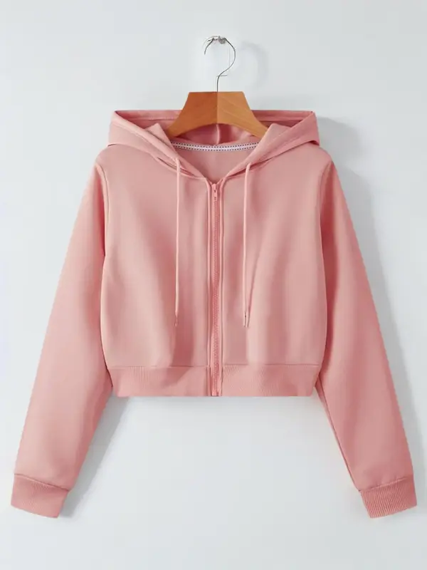 Women's Solid Full Zip Up Drawstring Crop Hoodie, Fall Outfits, Fallfreshness Basic Minimalist Longsleeves Womenswear for Spr...