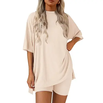 Women's Summer Two-Piece Set 2025 Casual Oversized Crewneck Split Hem Shirts & Side Pocket Biker Shorts Minimalist Lounge Wea...