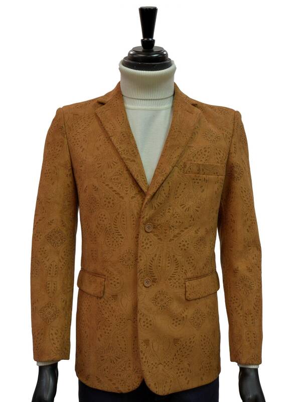 Men Blu Martini Cognac Ultra Micro Faux Suede Laser Cut Pattern Blazer Sportcoat