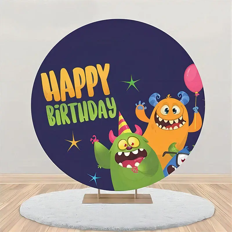 Green Orange Monster Star Round Birthday Backdrop - Aperturee