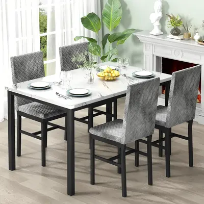 Recaceik Dining Table Set for 4 Faux Marble Velvet Dining Set with 4 Upholstered Velvet Chairs Modern Dining Room Table Set f...