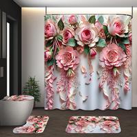 Flowers Print Bathroom Decor Set, 1 Count Only Shower Curtain Or 4 Counts/set Including Shower Curtain & Toilet Mat & Bath Ma...