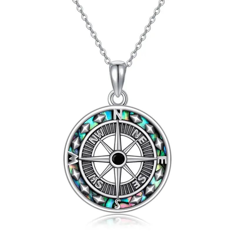Sterling Silver Two-tone Abalone Shellfish Compass Pendant Necklace