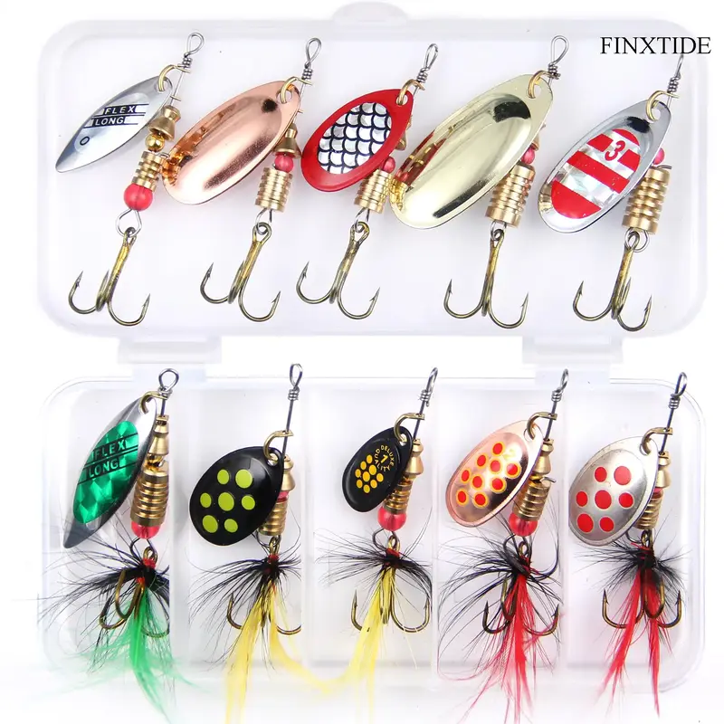 FINXTIDE 10pcs/box Fishing Lures Spinnerbait With Feathered Treble Hooks Rooster Tail Saltwater Fishing Lures Spoon Lures For...