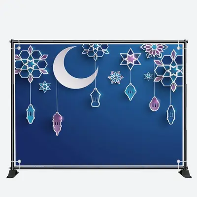 Paper Flower Pendant Moon Blue Eid Mubarak Backdrop - Aperturee