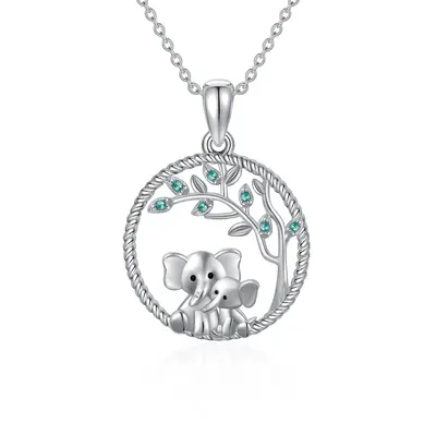 Sterling Silver Circular Shaped Cubic Zirconia Elephant & Tree Of Life Pendant Necklace