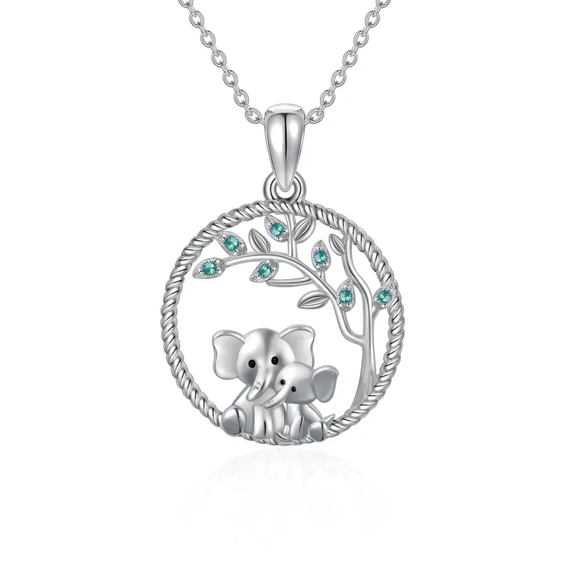 Sterling Silver Circular Shaped Cubic Zirconia Elephant & Tree Of Life Pendant Necklace