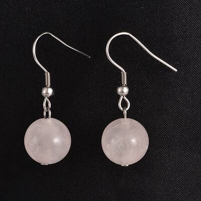 Round 304 Stainless Steel Natural Rose Quartz Dangle Earrings