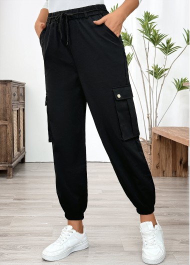 Modlily Black Pocket Jogger Elastic Waist High Waisted Pants - L