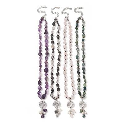 Natural Mixed Gemstone & Pearl & Cubic Zirconia Tree of Life Pendant Necklace