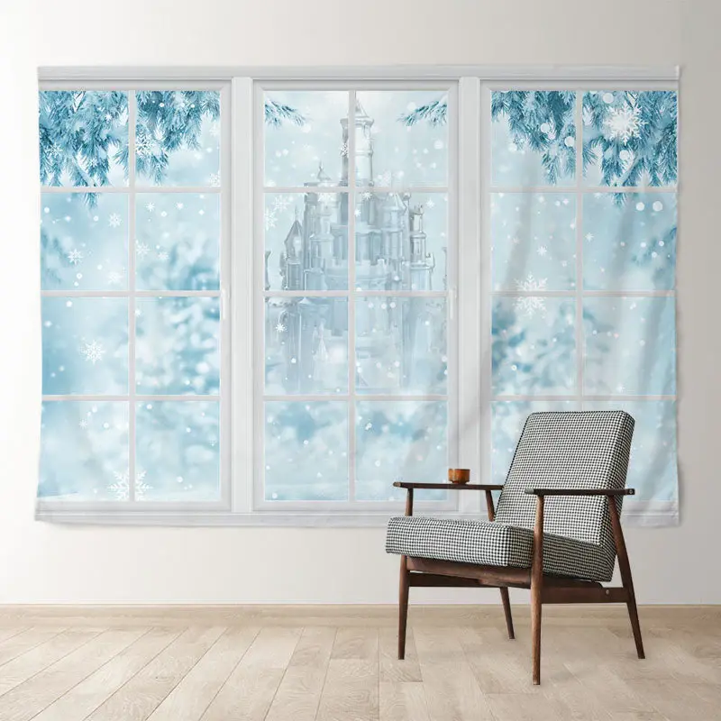 Aperturee White Window Blue Castle Snowy Winter Backdrop