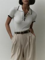 Women's Contrast Binding Polo Neck Knit Top, Soft Casual Fit Basic Button Front Short Sleeve Knitwear for Summer, Fashion Wom...