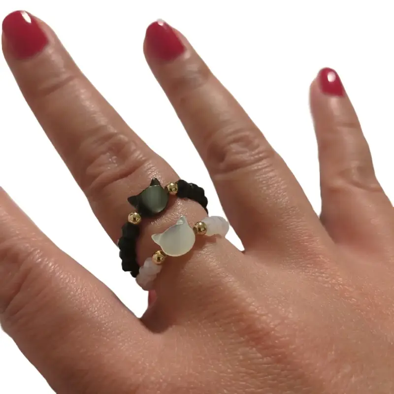 Cat Stretchy Bead Ring Shiny Gold Accent Black and White