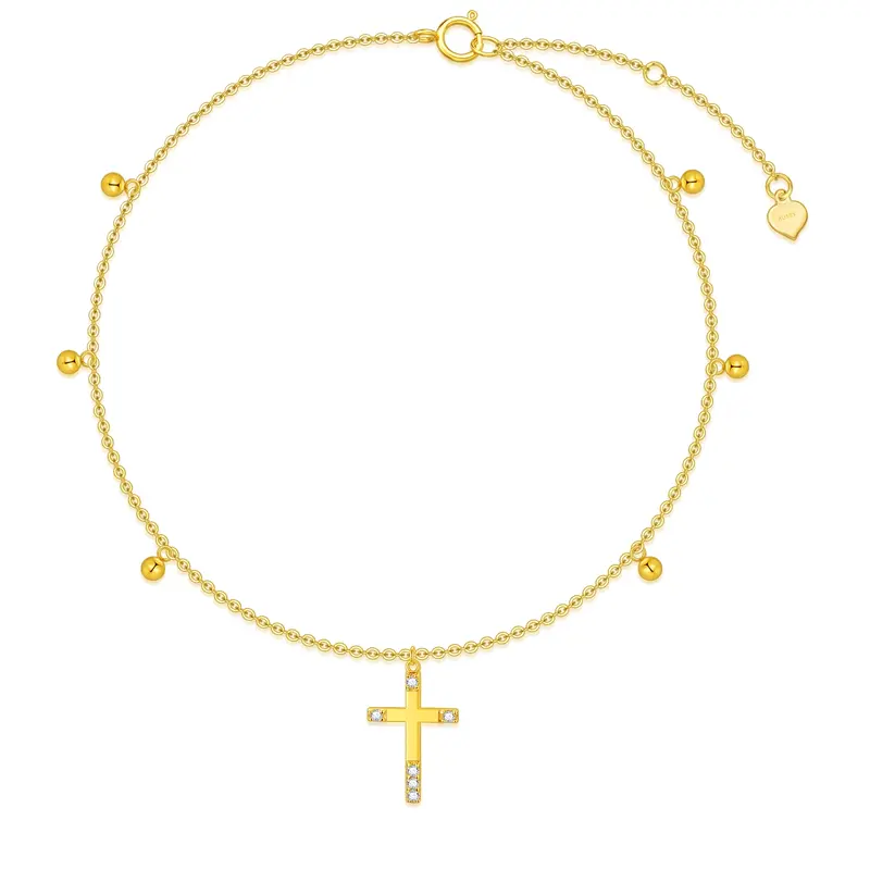 14K Gold Circular Shaped Cubic Zirconia Cross Single Layer Anklet
