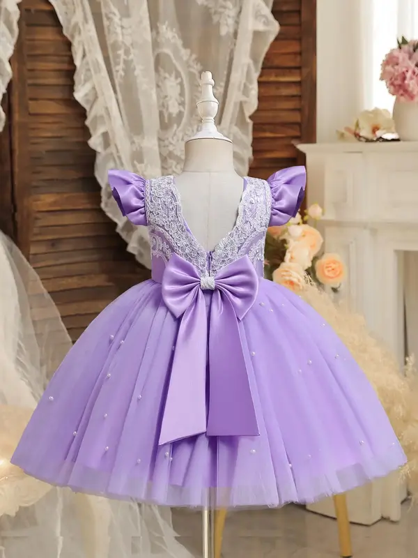 Girl's Contrast Sequin Bow Back Tulle Party Dress, Cute Butterfly Sleeve Round Neck Fit and Flare Dress for Party, Kids Cloth...