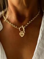 Heart Hollow Out Initial Pendant Necklace, Stainless Steel Chain Statement Necklace for Women with Ot Buckle, Elegant Fashion...