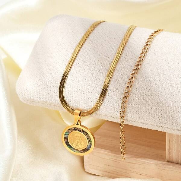 304 Stainless Steel Flat Round Pendant Flat Snake Chain Necklaces for Men