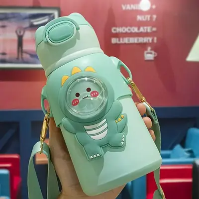 Cartoon Animal Design Vacuum Water Bottles, 1 Count Portable Straw Cup, Cute Tumbler Mug, Vacuum Flasks, Outdoor Drinking Cup...