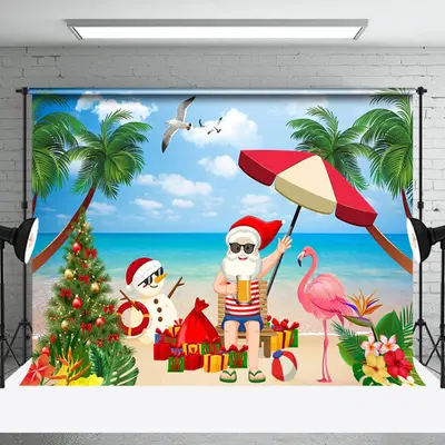 Santa Flamingo Sand Beach Christmas In July Backdrop - Aperturee