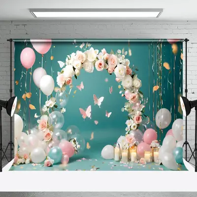 Aperturee Girl Flowers Balloons Cake Smash Photography Backdrop