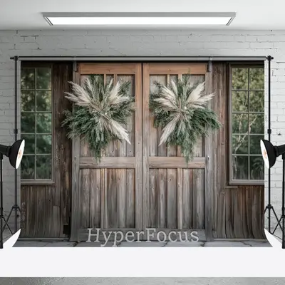 Retro Wooden Door Boho Leaves Christmas Backdrop - Aperturee