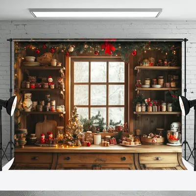Festive Christmas Vibe Wooden Retro Kitchen Backdrop - Aperturee
