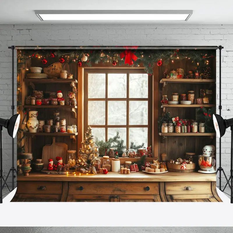 Festive Christmas Vibe Wooden Retro Kitchen Backdrop - Aperturee