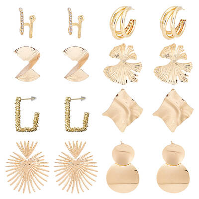 8 Pairs 8 Style Gingko Leaf & Fan & Spiral & Trapezoid Alloy Dangle Stud Earrings for Women
