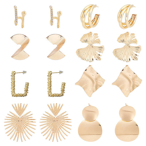 8 Pairs 8 Style Gingko Leaf & Fan & Spiral & Trapezoid Alloy Dangle Stud Earrings for Women
