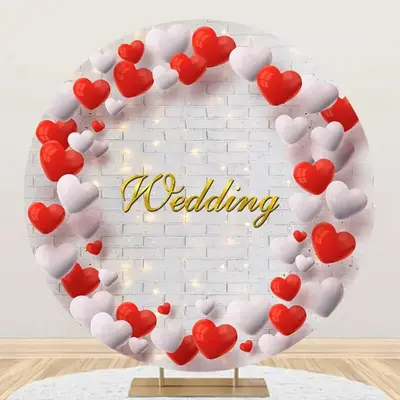 White Brick Wall Red Balloon Round Wedding Backdrop - Aperturee