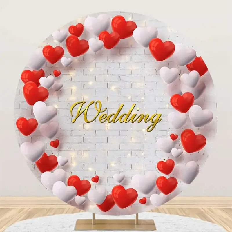 White Brick Wall Red Balloon Round Wedding Backdrop - Aperturee