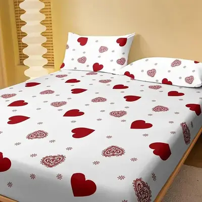 Heart Print Fitted Sheet Set, 1 Count Elastic Fitted Sheet & 2 Counts Pillowcase without Filler, Soft Comfortable Bedding Set...