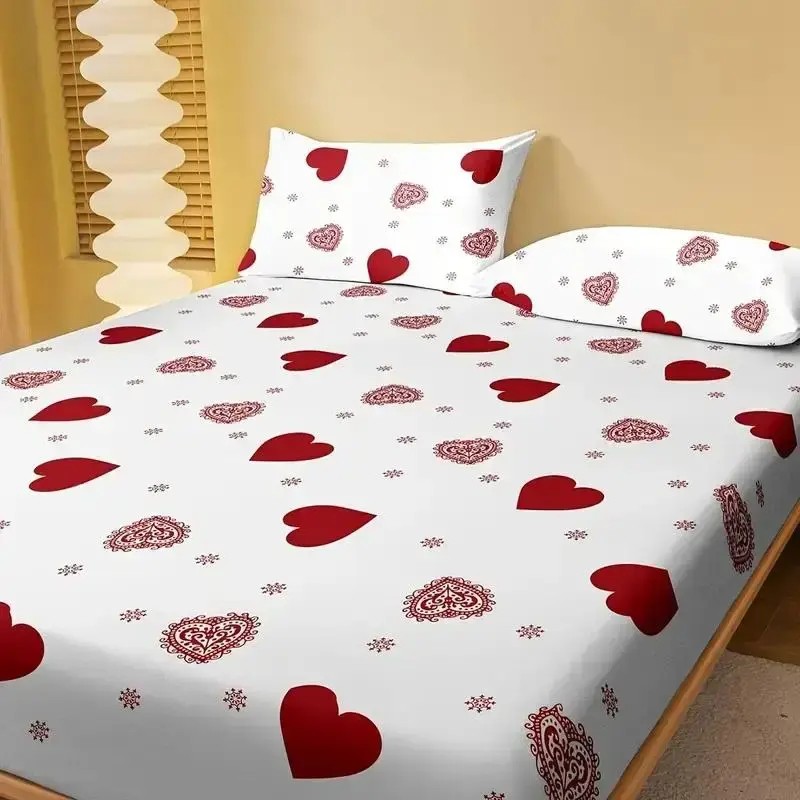 Heart Print Fitted Sheet Set, 1 Count Elastic Fitted Sheet & 2 Counts Pillowcase without Filler, Soft Comfortable Bedding Set...