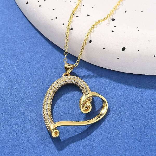 Brass Micro Pave Clear Cubic Zirconia Heart Pendant Necklaces for Women