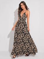 Women's All Over Print Criss Cross Backless Vintage Cami Dress, Casual Boho Sleeveless Maxi Dress for Beach Holiday Vacation,...