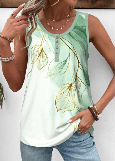 Modlily Light Green Button Leaf Print Sleeveless Tank Top - XL