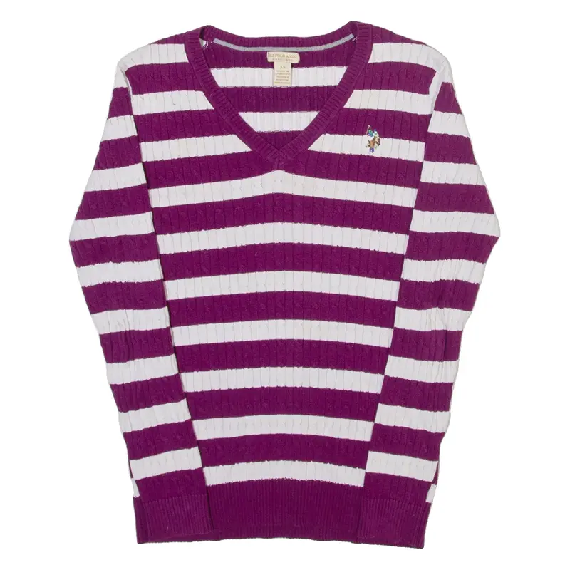 U.S. POLO ASSN. Womens Jumper Purple V-Neck Cable Knit XS