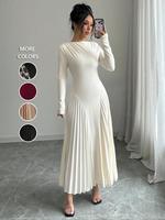 Women's Boat Neck Pleated A Line Dress, Minimalist Elegant Long Sleeve Ruched Long Dress for Party Holiday Wedding Guest, L...