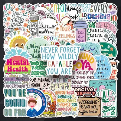 Mental Health Slogan Sticker, 50pcs/set Waterproof Self Adhesive Decor Paper, Decor Sticker for Gift Greeting Card Water Bott...