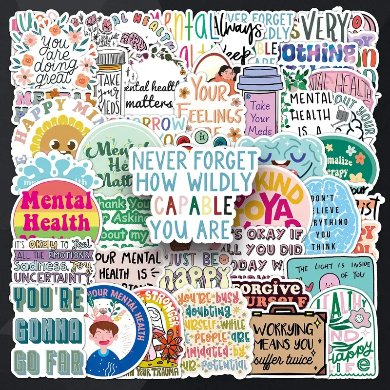 Mental Health Slogan Sticker, 50pcs/set Waterproof Self Adhesive Decor Paper, Decor Sticker for Gift Greeting Card Water Bott...