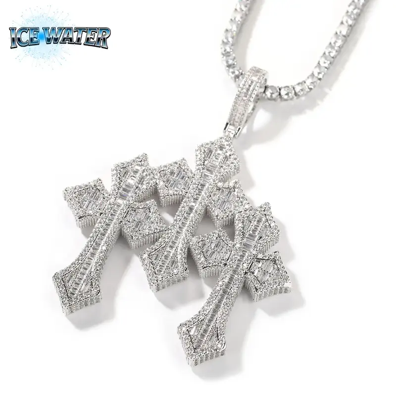 ICE WATER Triple Cross pendant Copper Ladder Square Pendant Necklace Classic Retro Cross Design, Hip Hop Jewelry, Fashionable...