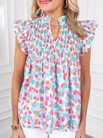 Women's Abstract Print Ruffle Trim Blouse, Casual Flutter Sleeve V Neck Top for Spring & Fall, Women's Clothing for Daily Wea...
