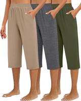 Women's 3pcs Capri Pants - Relaxed Fit, Mid-Calf Lounge & Yoga Joggers with Pockets, Breathable Polyester Blend, Beige, Navy,...