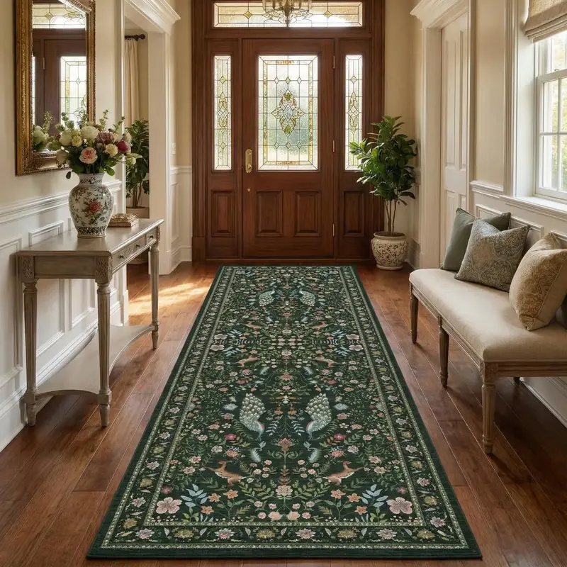 Garvee Floral Runner Rug 2x6 Washable Peacock Print Soft Non-Slip Low Pile Thin Carpet Green for Entryway Bedside Kitchen Nur...