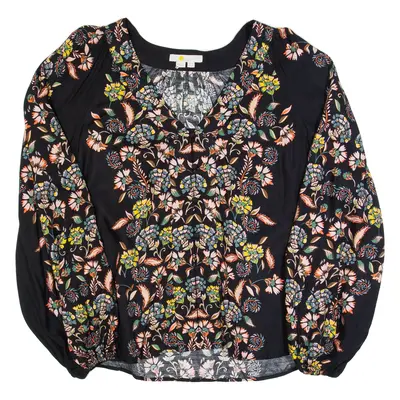 BODEN Womens Printed Top Black V-Neck Puff Sleeve Floral UK 10