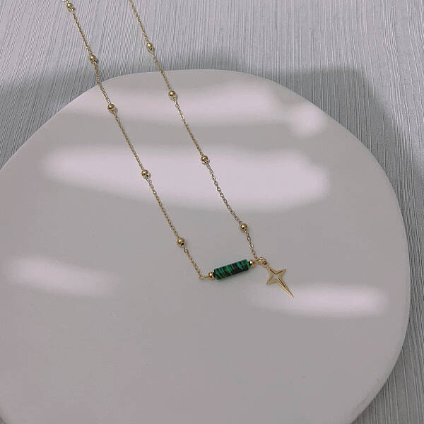 Synthetic Malachite & Stainless Steel Star Pendant Ball Chain Necklaces for Women